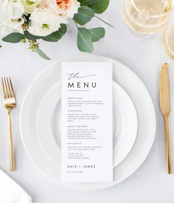 Elegant wedding menu card with floral accents and cursive lettering