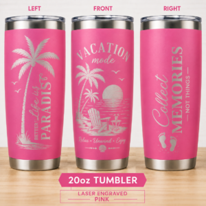 Solid pink and purple 20oz laser engraved vacation tumblers with custom logo design