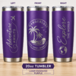 Solid pink and purple 20oz laser engraved vacation tumblers with custom logo design