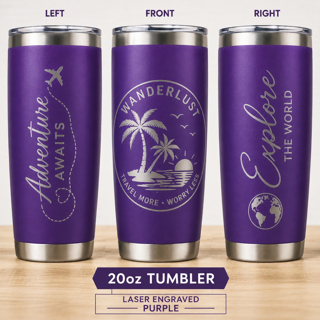 Solid pink and purple 20oz laser engraved vacation tumblers with custom logo design