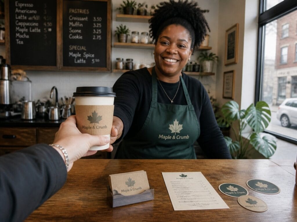 Café owner handing a coffee with a custom printed cup sleeve, business cards and stickers on the counter