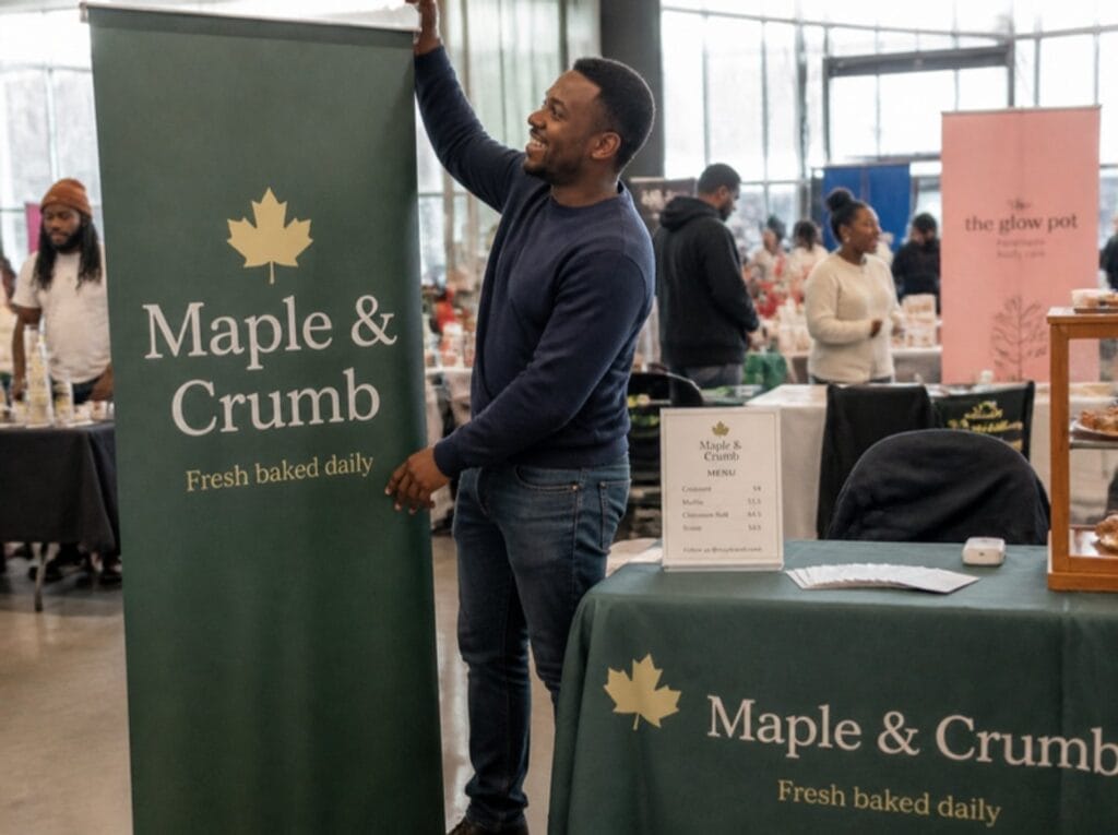 Vendor setting up a custom retractable roll-up banner beside a printed tablecloth at a market booth
