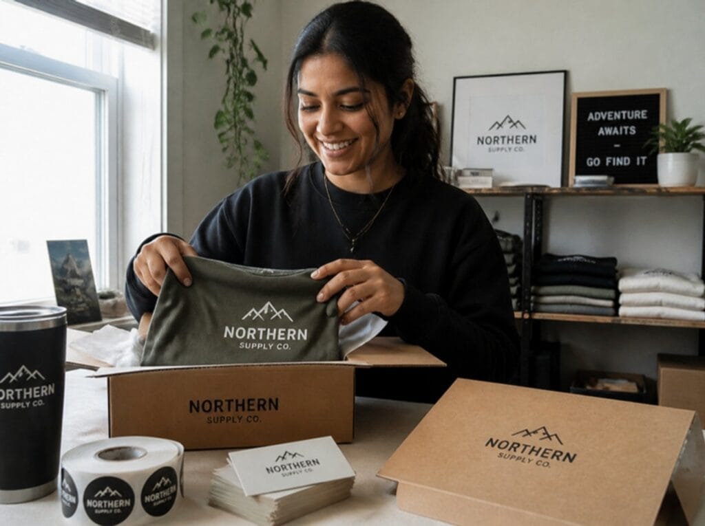 Small business owner unboxing custom printed t-shirts, sticker rolls and business cards