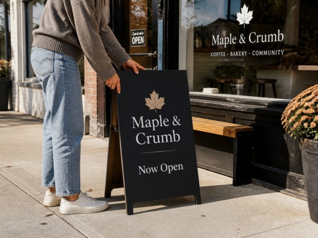 Shop owner setting up a printed A-frame sidewalk sign outside a café with a window decal