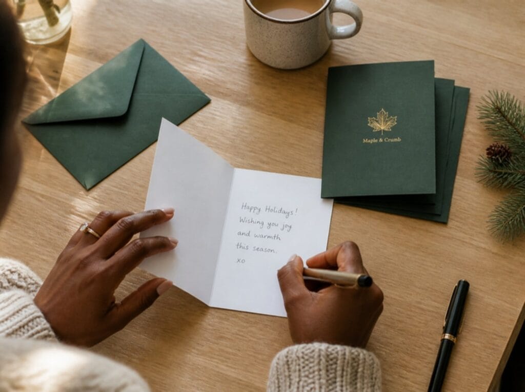 Writing a holiday note inside a custom folded Christmas card