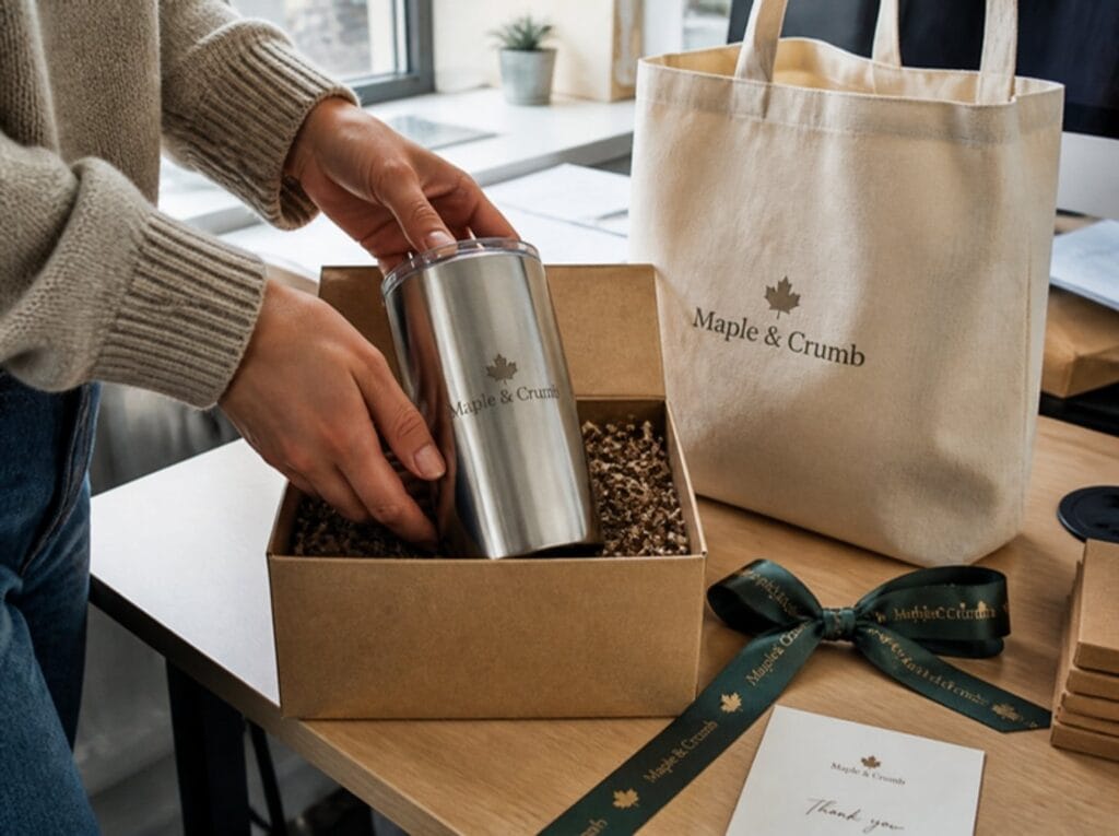 Packing an engraved tumbler into a branded corporate gift box beside a printed tote bag