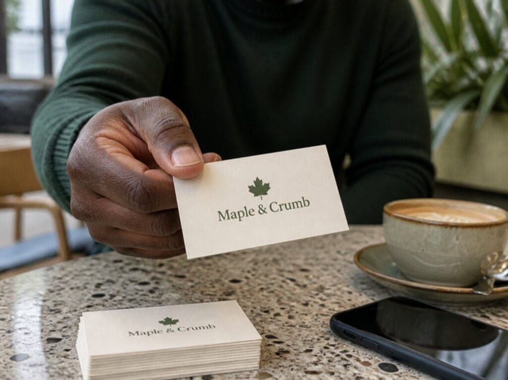 Handing over a custom printed business card across a café table