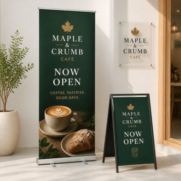 Roll-up banner, acrylic sign and A-frame sign for a café