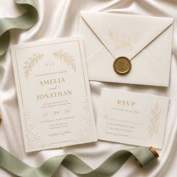 Wedding invitation suite with RSVP card and sealed envelope