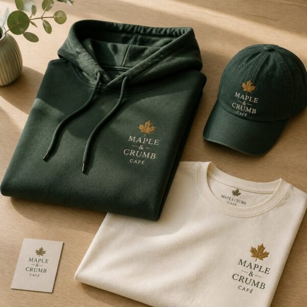 Embroidered hoodie, t-shirt and cap with a business logo