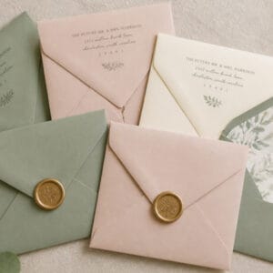 Custom printed wedding envelopes with addressing and wax seals