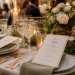 Printed wedding menu card on a reception table