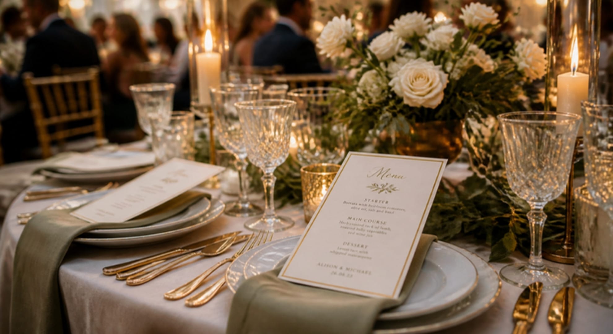 Printed wedding menu card on a reception table