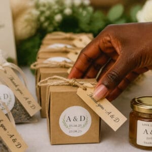 Personalised wedding favour tags, stickers and jar labels