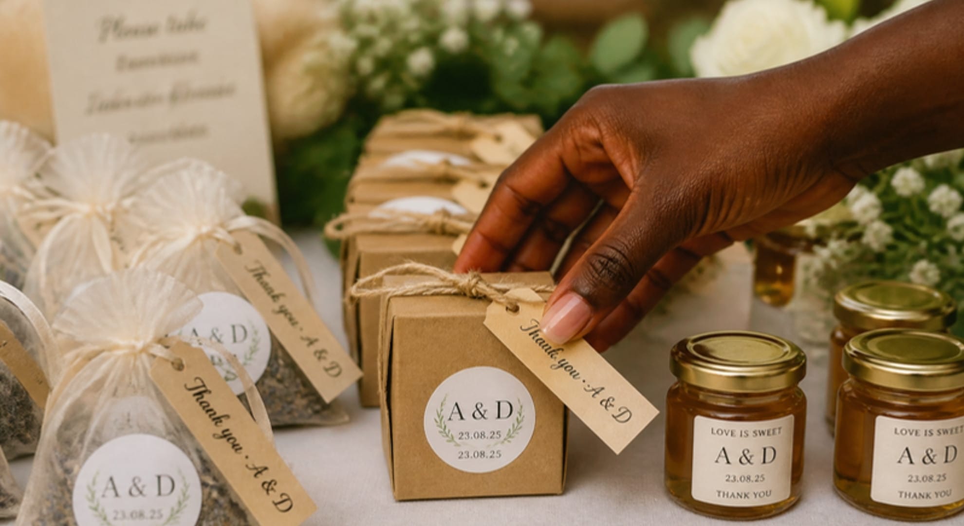 Personalised wedding favour tags, stickers and jar labels