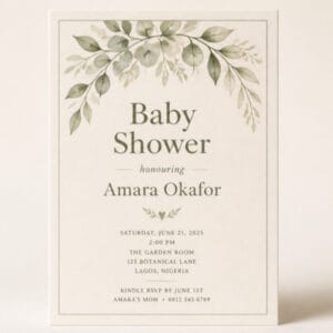 Custom baby shower invitation with sage watercolour leaves