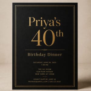 Black and gold 40th adult birthday dinner invitation