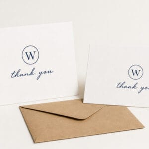 Custom folded and flat monogram note cards with kraft envelope