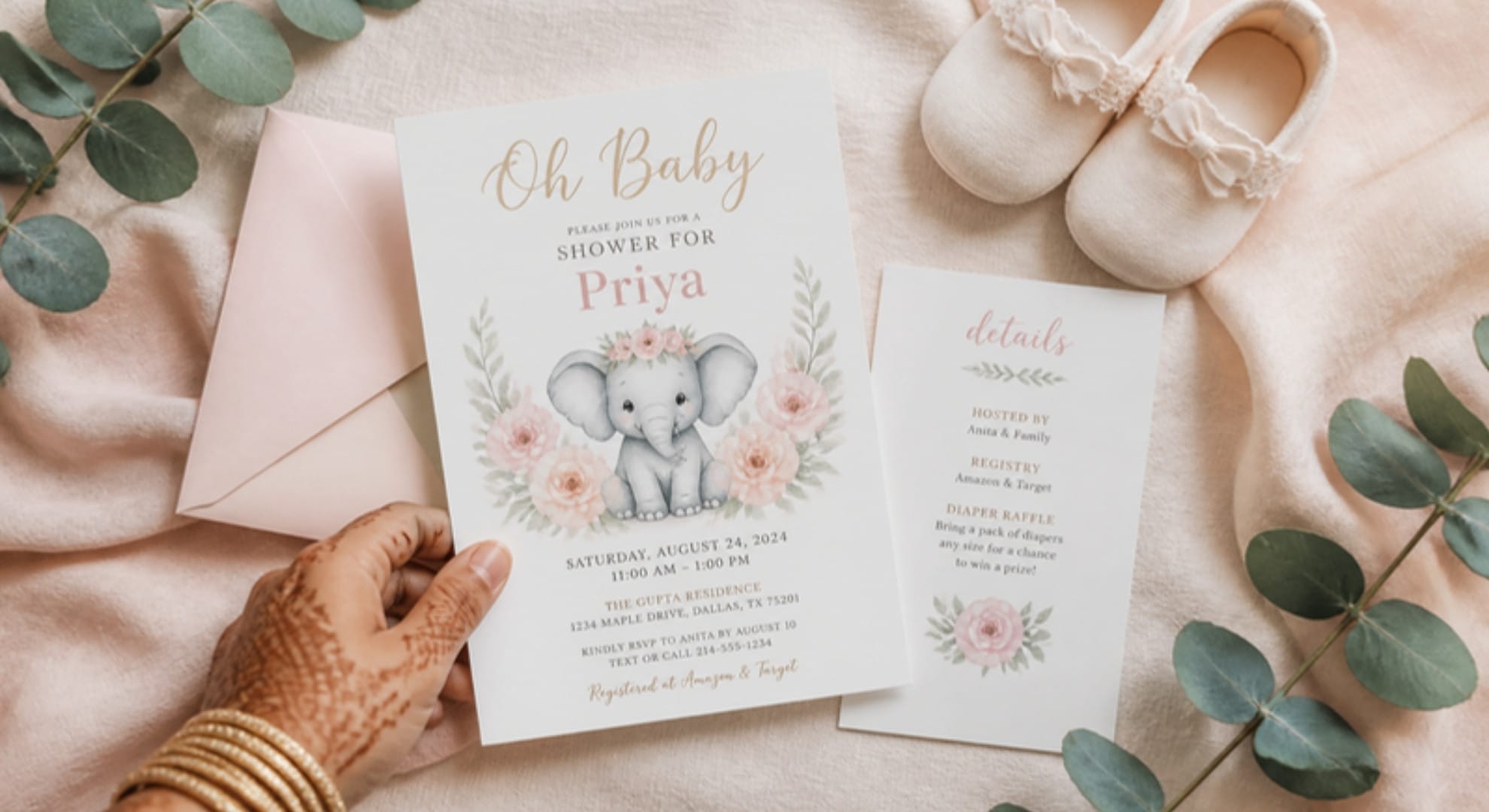 Baby shower invitation suite with elephant design and envelope