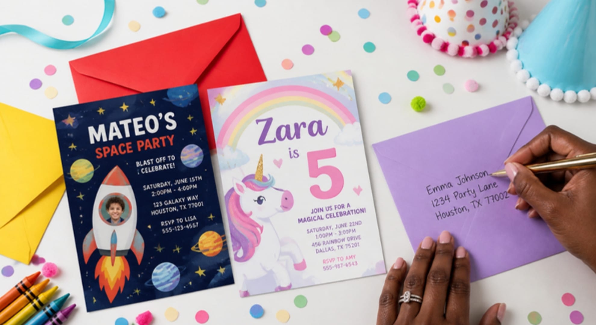 Colourful kids birthday party invitations with envelopes