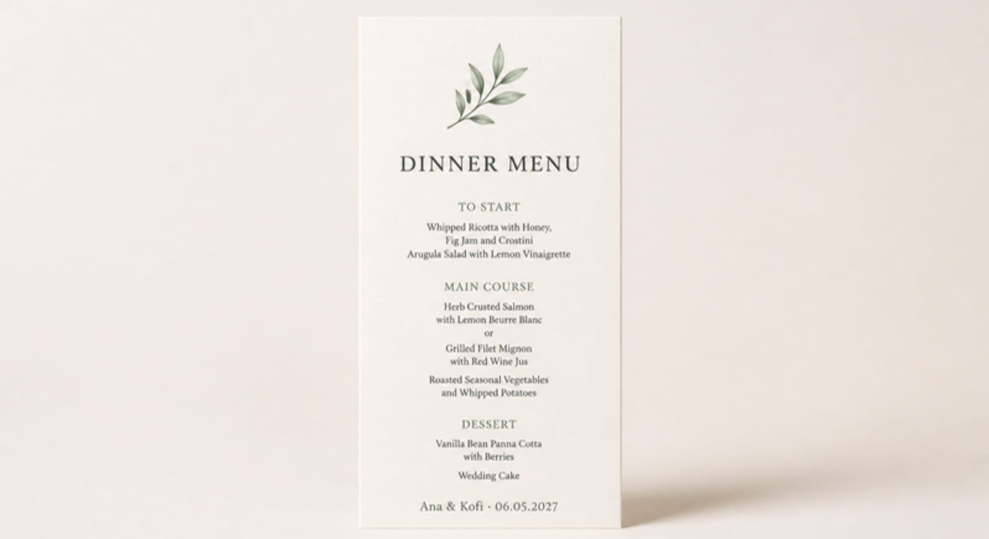 Wedding dinner menu card with greenery