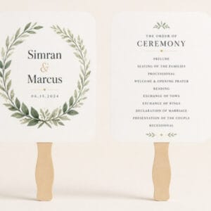Wedding program fans front and back with wooden handles