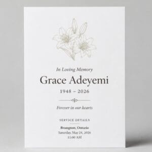 In loving memory obituary card with lilies