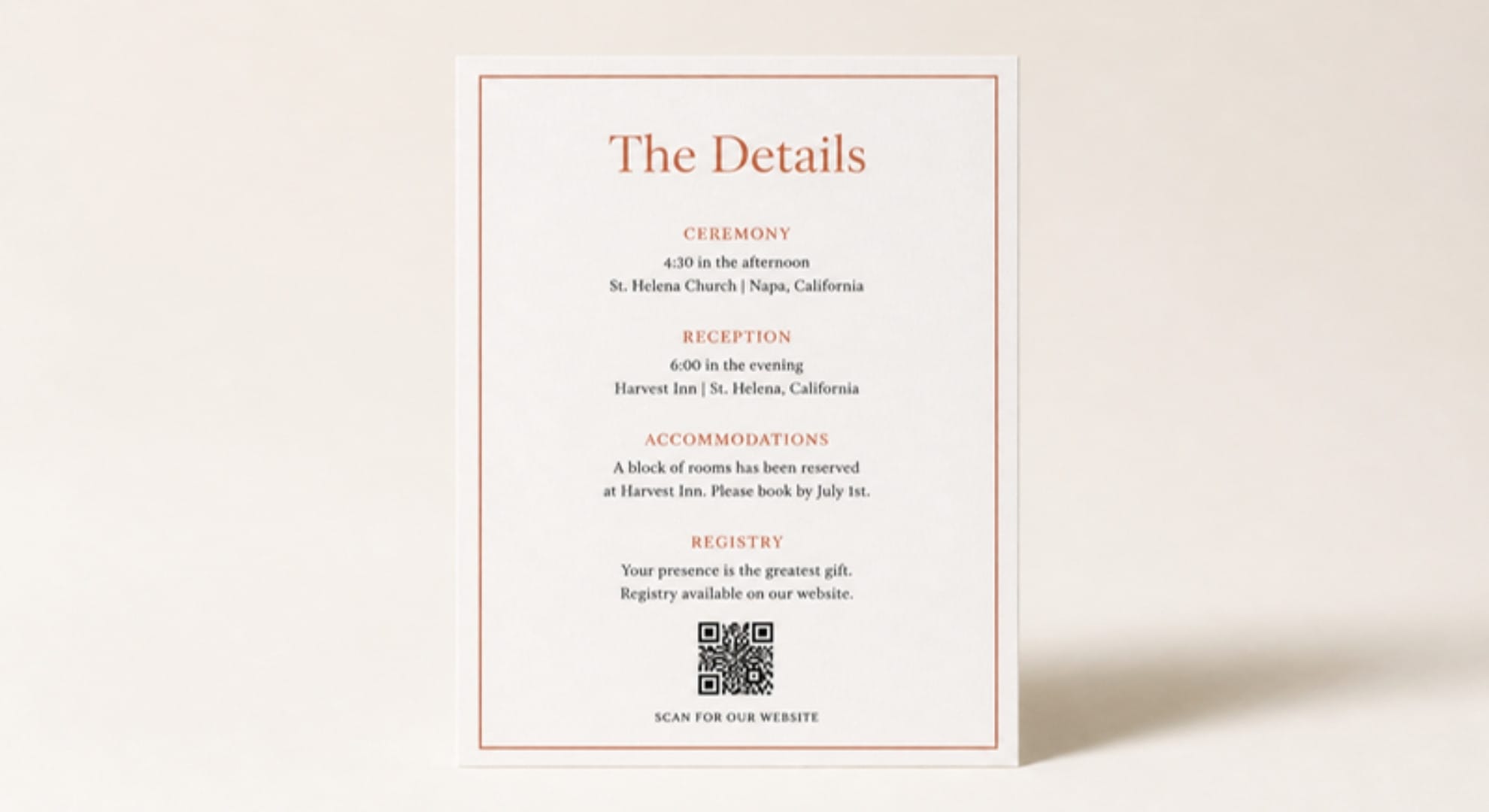 Wedding details enclosure card with QR code