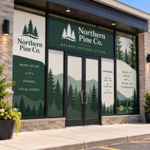 19+ ID required, store hours and payment decals on a glass store door