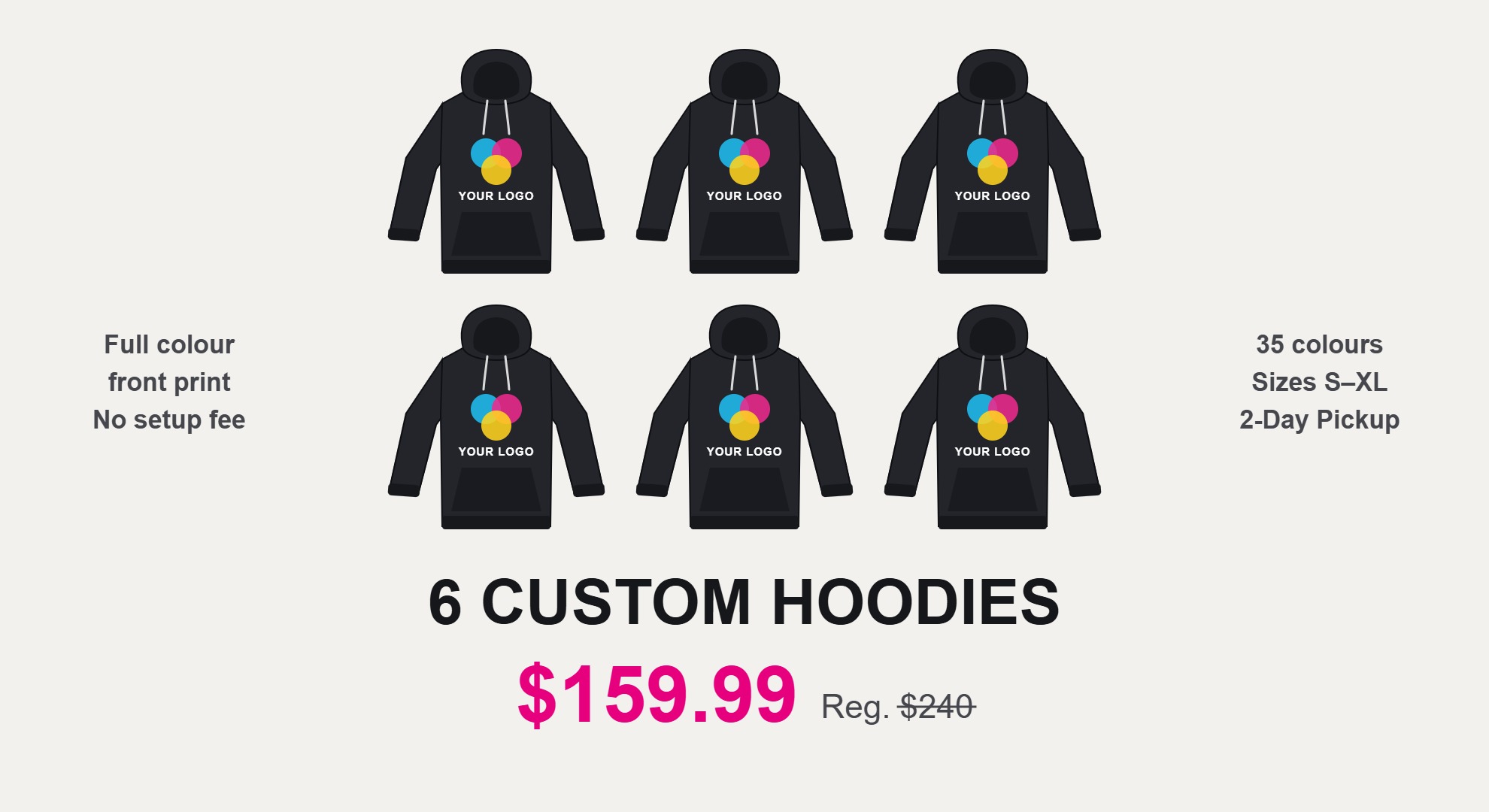 6 custom hoodies with your full colour logo, $159.99 deal at Ron Russ Print Brampton