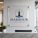 Clear acrylic office logo sign in reception