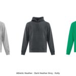 Custom printed ATC F2500 hoodie in athletic heather, dark heather grey and kelly green, Ron Russ Print Brampton