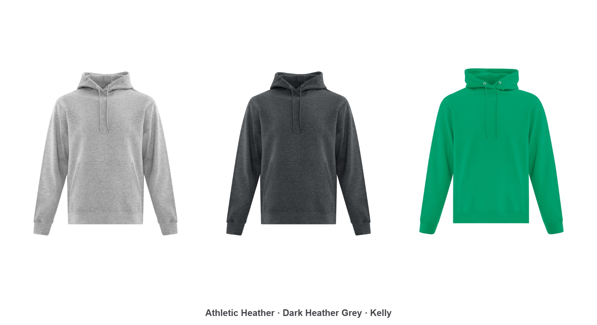 Custom printed ATC F2500 hoodie in athletic heather, dark heather grey and kelly green, Ron Russ Print Brampton