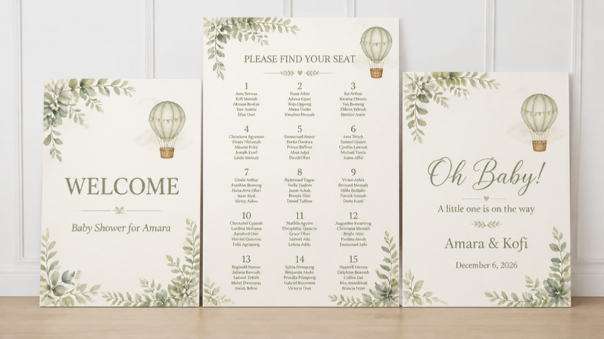 Baby shower seating chart display – sage green 3-piece foam board set