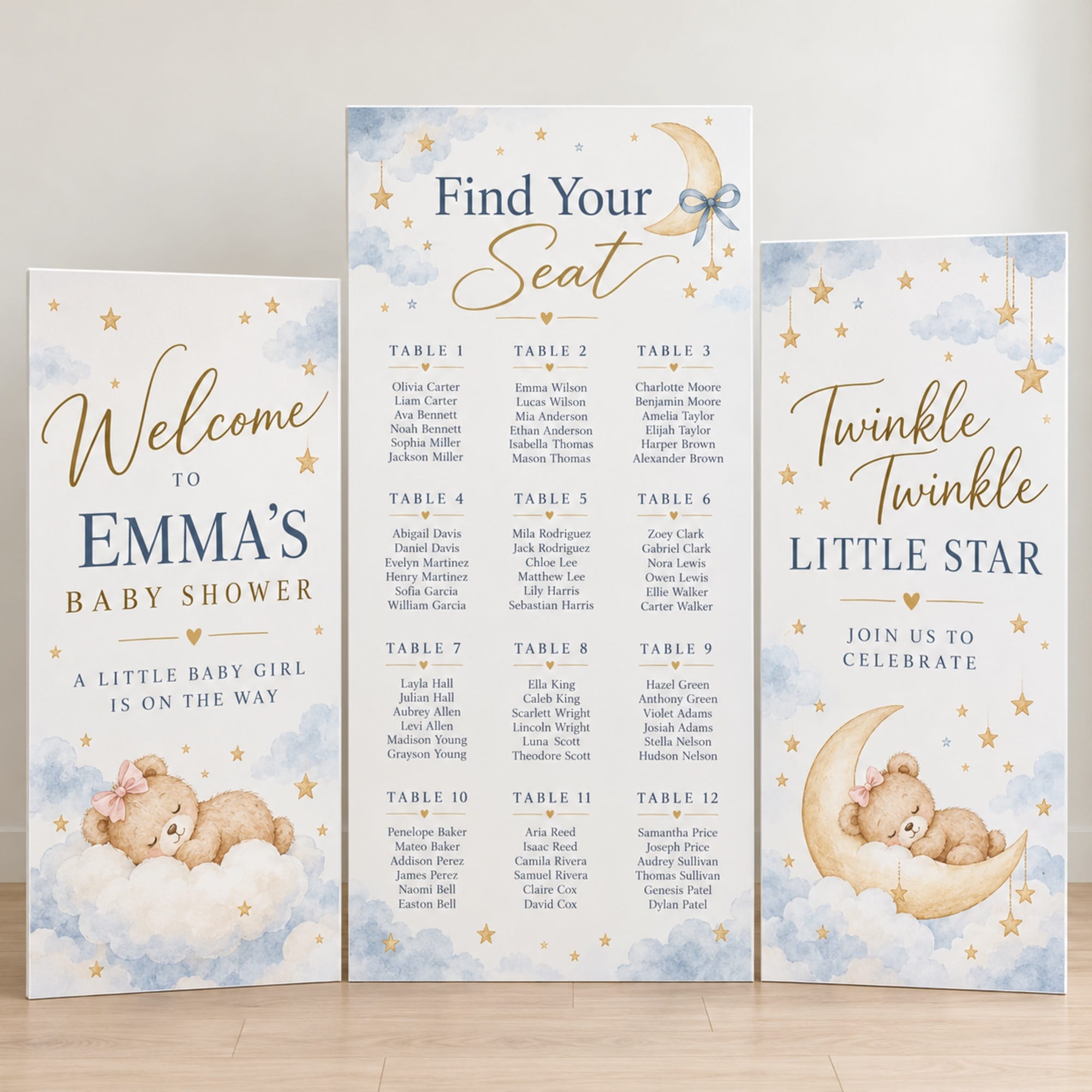Blue Twinkle Twinkle Little Star baby shower 3-piece foam board seating chart set – Ron Russ Print Brampton