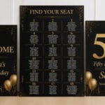 Birthday seating chart display – black and gold 50th birthday foam board set