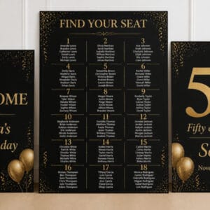 Birthday seating chart display – black and gold 50th birthday foam board set