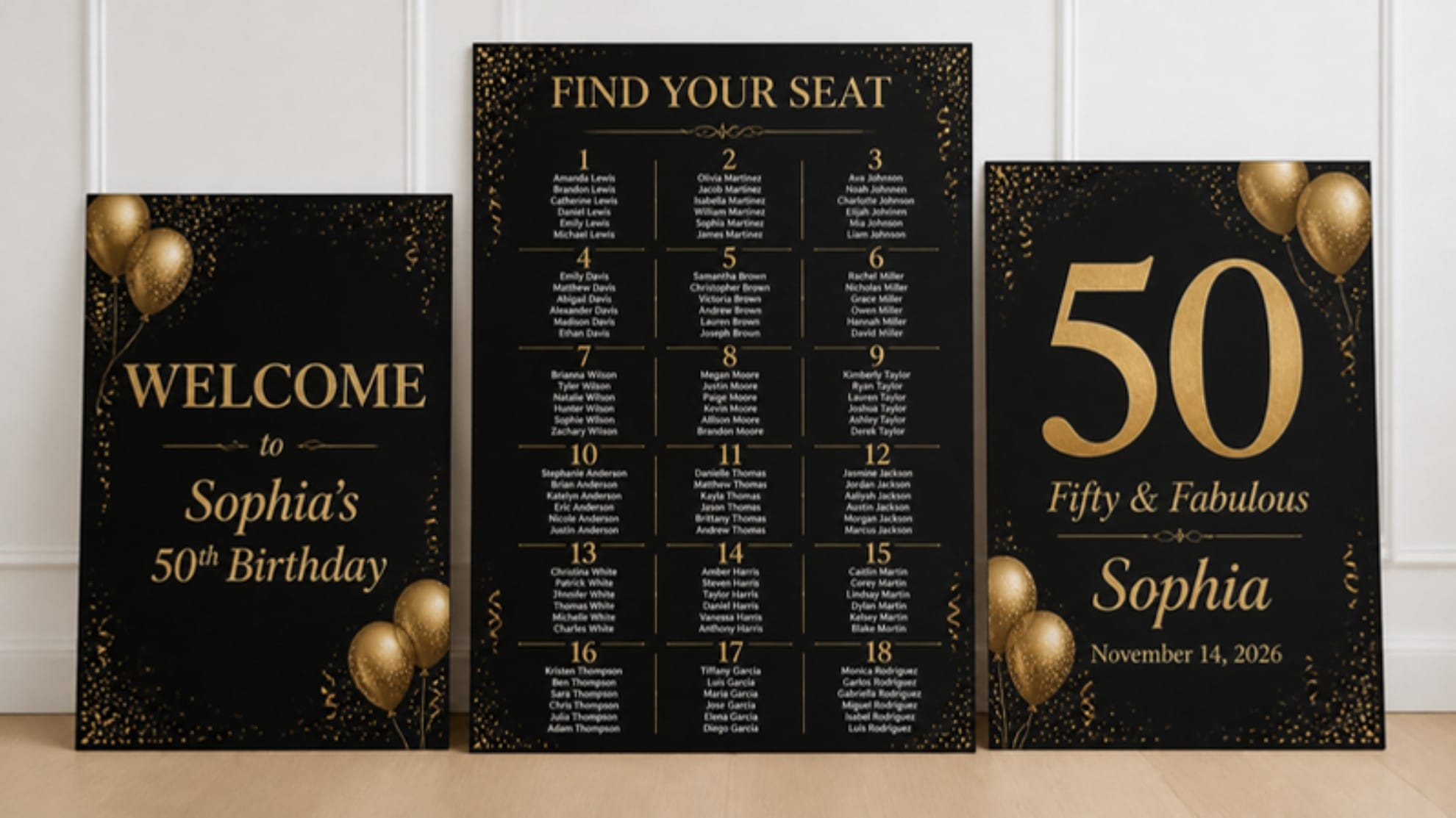 Birthday seating chart display – black and gold 50th birthday foam board set