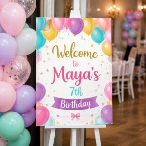 Printed birthday welcome sign on easel