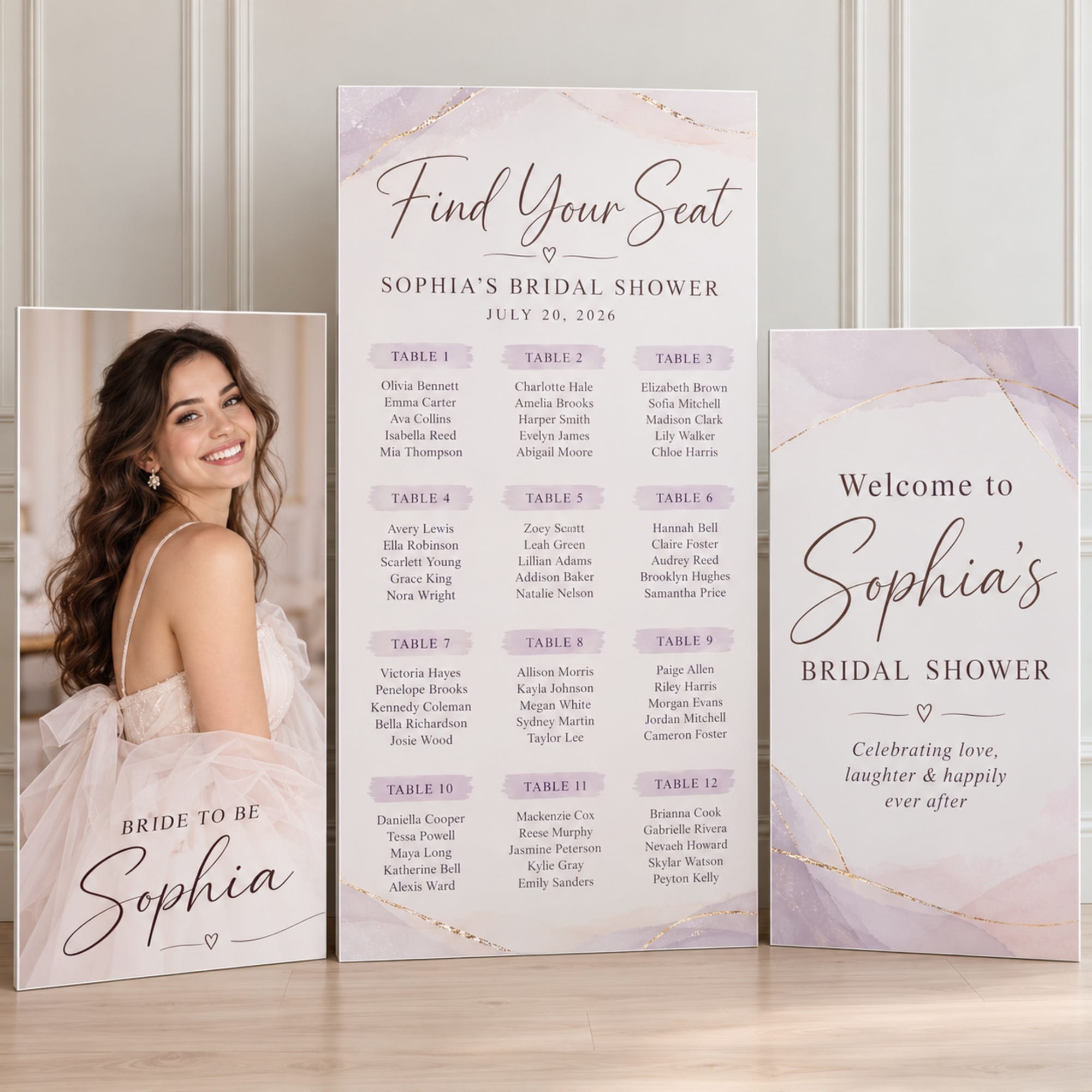 Lavender bridal shower 3-piece foam board seating chart set – Ron Russ Print Brampton