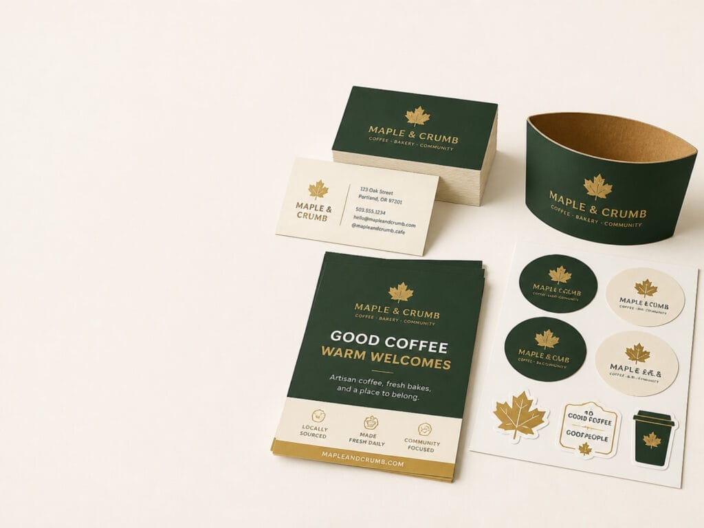 Maple & Crumb business cards, flyers, die-cut stickers and a printed coffee cup sleeve