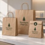 Branded kraft paper exit bags with store logo and seal sticker