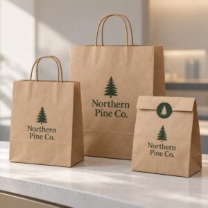 Branded kraft paper exit bags with store logo and seal sticker