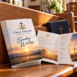 Printed church bulletins on a wooden pew