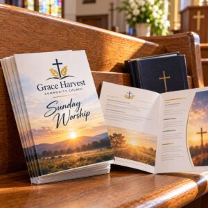 Printed church bulletins on a wooden pew