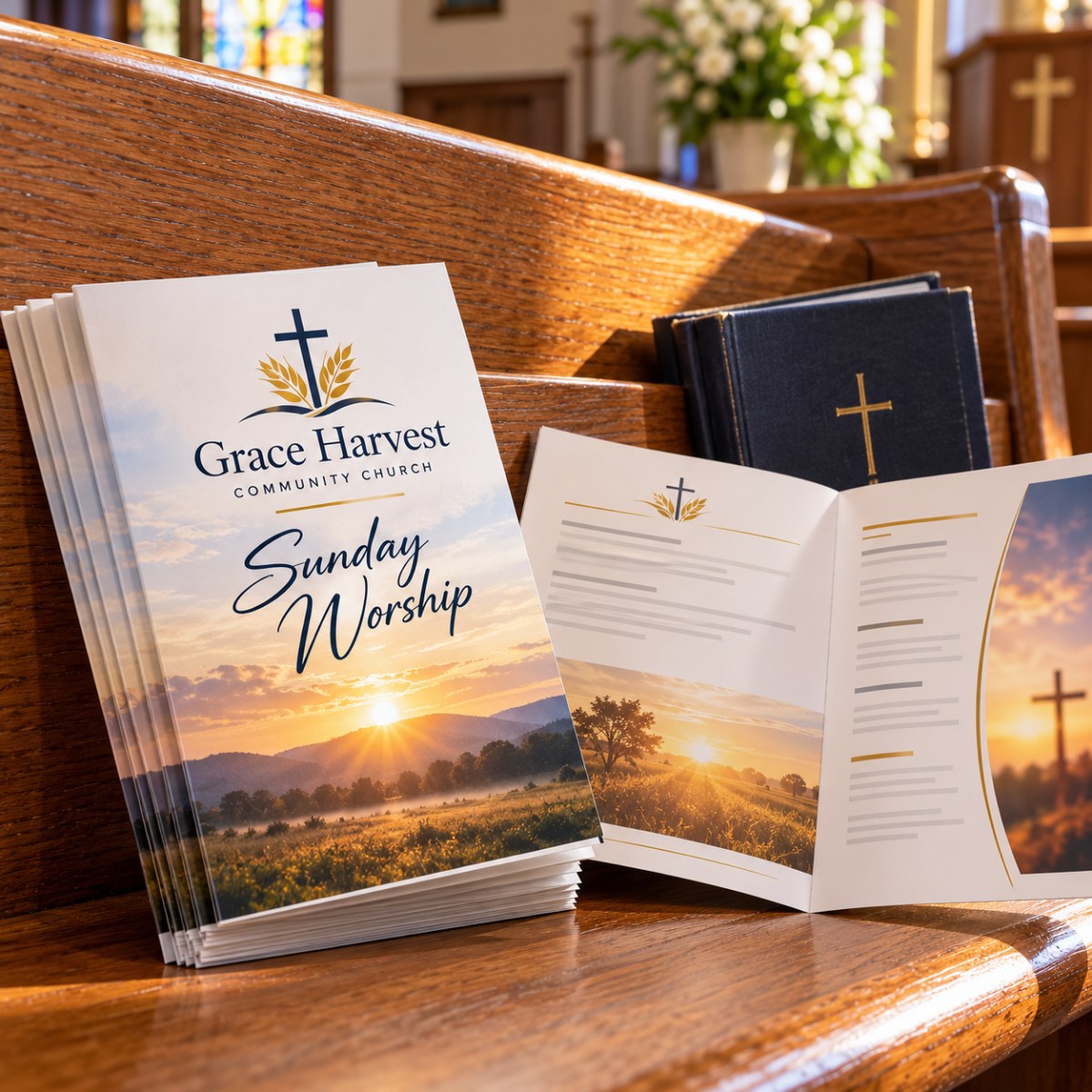 Printed church bulletins on a wooden pew