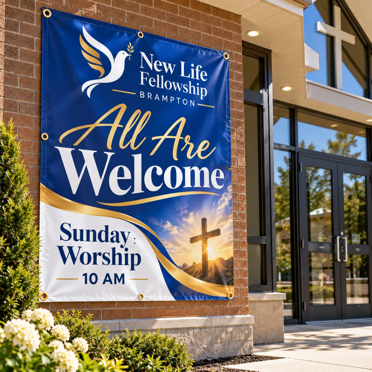 Custom church welcome banner with grommets on a Brampton church building