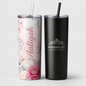 Custom printed and engraved 20 oz skinny tumblers