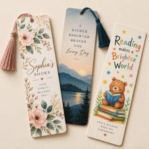 Custom printed bookmarks with tassels: floral name bookmark, mountain lake quote bookmark and kids reading bear bookmark