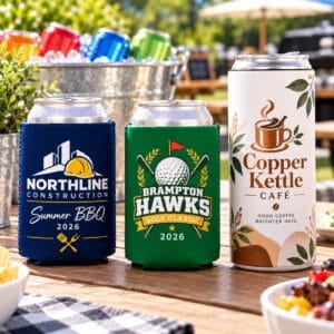 Custom Can Coolers with business logos by Ron Russ Print Brampton
